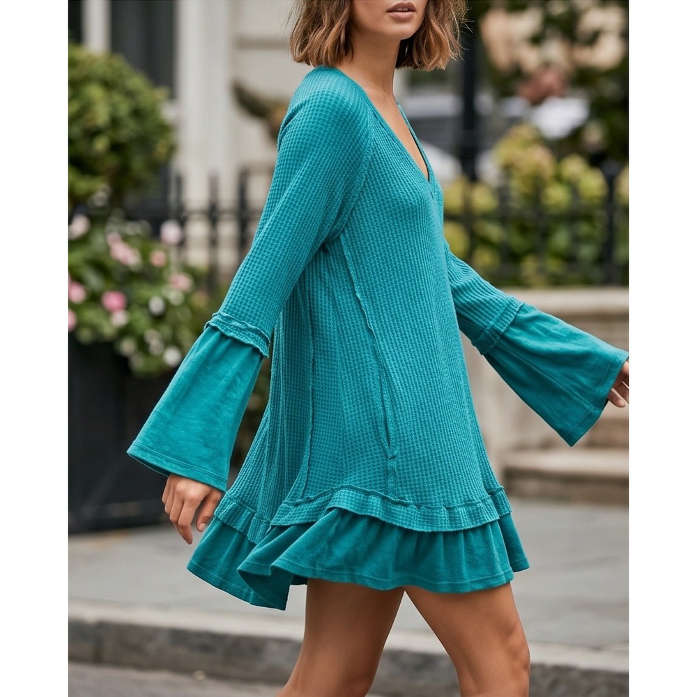 Free People L We The Free Waffle Knit Mini Dress Tunic Teal Blue Green Large